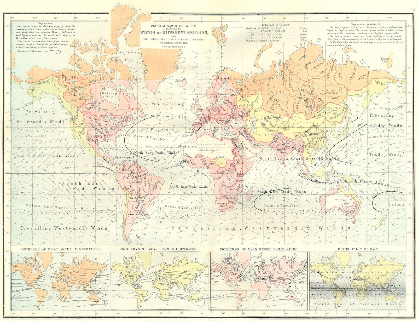 WORLD.Physical.Winds;hydrographic basins;Isotherms.Temperature;Rainfall 1881 map